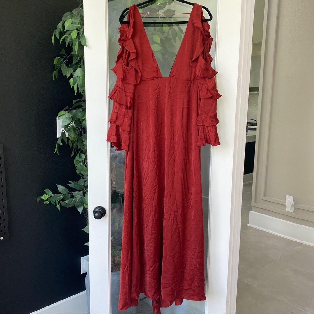 Lulus deep rust red satin V-neck ruffle dress